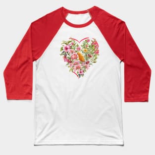 Floral Heart with Yellow Budgie Bird Baseball T-Shirt